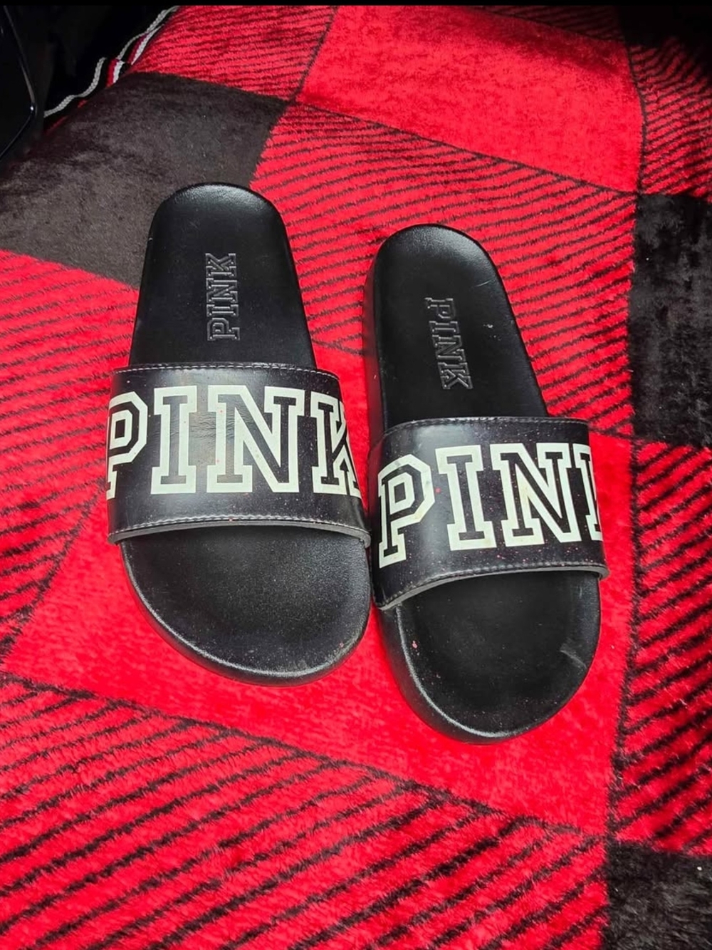 PINK Victoria's Secret Black Slide Sandals with White Logo